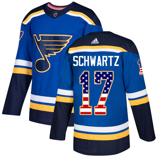 Adidas Blues #17 Jaden Schwartz Blue Home Authentic USA Flag Stitched NHL Jersey - Click Image to Close